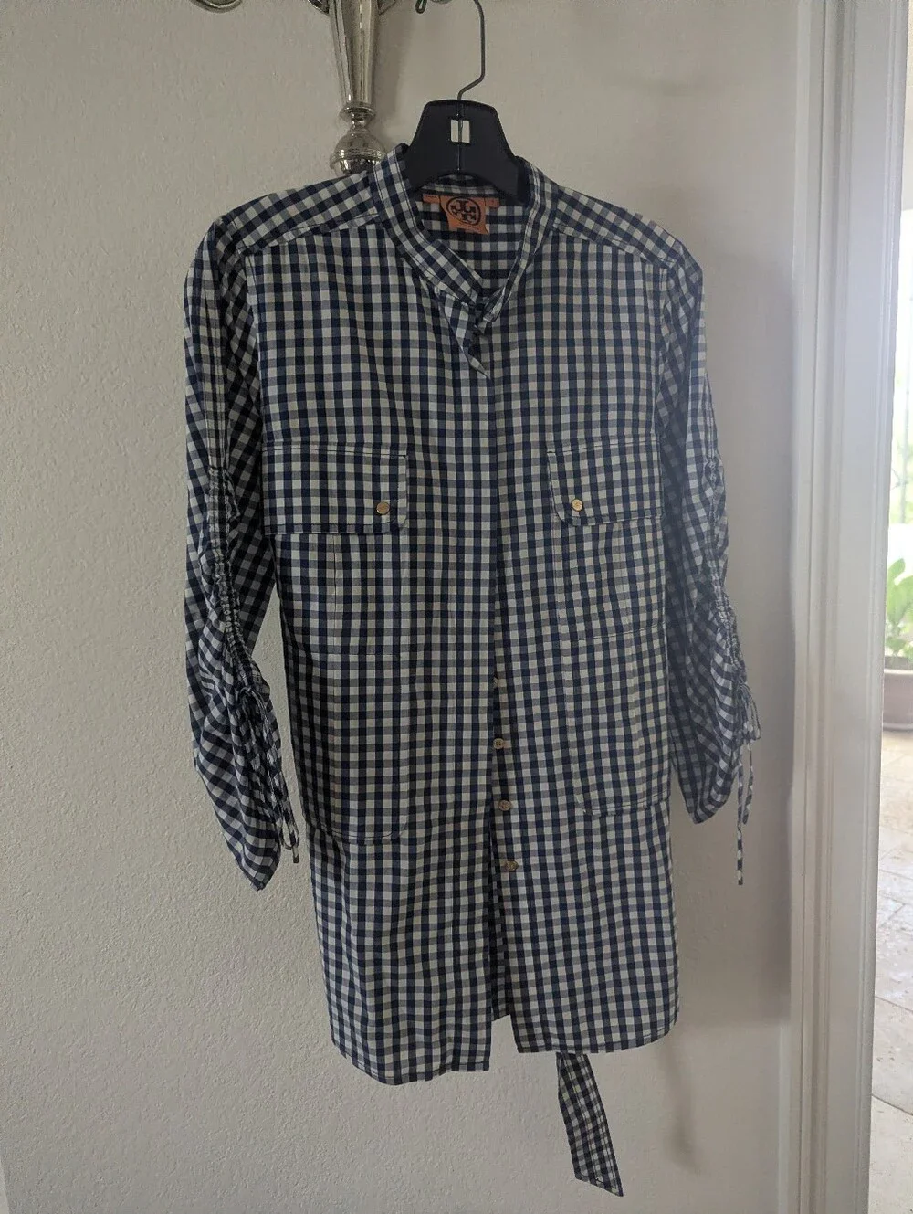 Tory Burch Striped Cotton Shirt With Chest Pocket Plaid Gray Size Small